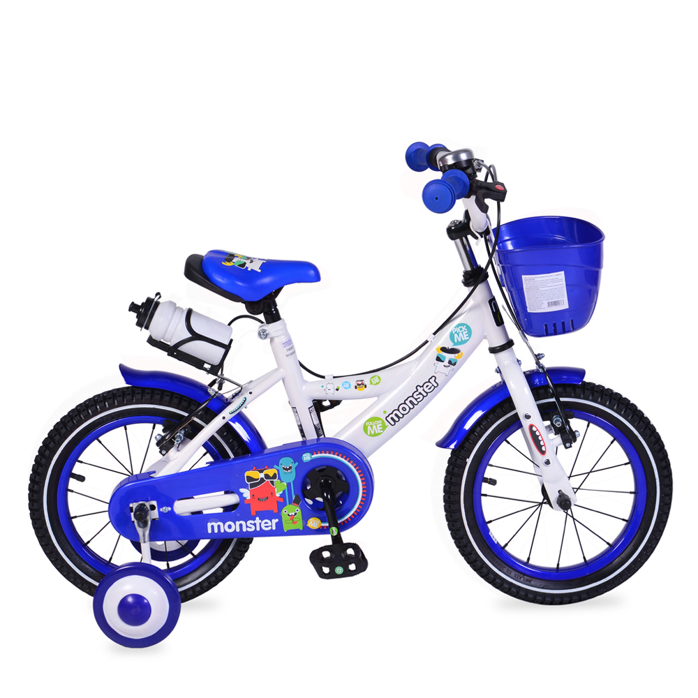 Bicicleta pentru baieti cu roti ajutatoare si cosulet 14 inch Little Monster Blue marca MONI cu comanda online