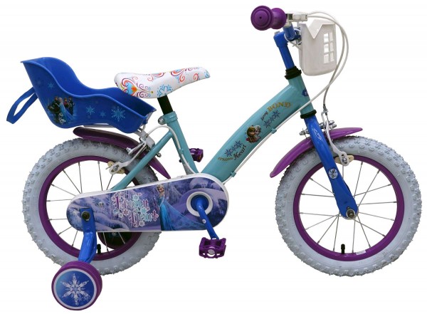 Bicicleta pentru fete 14 inch cu scaun pentru papusi roti ajutatoare si cosulet Frozen marca Volare cu comanda online