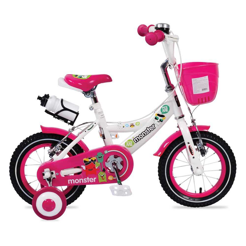 Bicicleta pentru fetite cu roti ajutatoare si cosulet 12 inch Little Monster Pink marca MONI cu comanda online