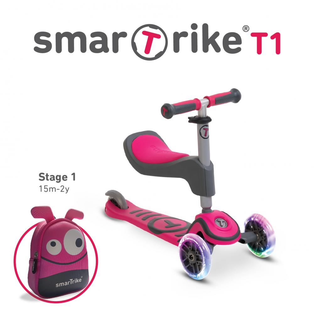 Trotineta cu scaun SmarTrike T1 roz cu luminite si gentuta marca SMART TRIKE cu comanda online